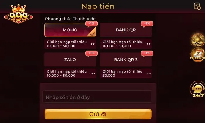 Nạp tiền tại Gods of Greece 999bet đơn giản, đảm bảo an toàn