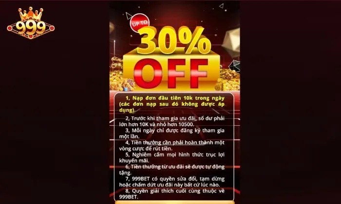 Khuyến mãi 999bet Nhà cái tặng ưu đãi 30% giá trị tiền nạp mỗi ngày cho người chơi
