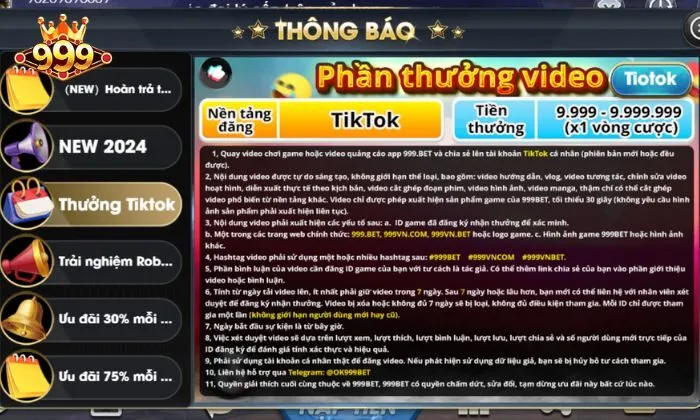 phần thưởng video TikTok 999BET Chương trình phần thưởng video TikTok 999BET cực hot