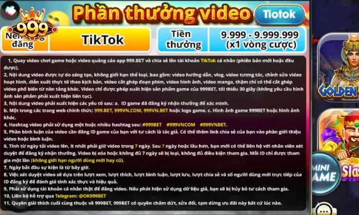 phần thưởng video TikTok 999BET Xét duyệt video đăng Tiktok