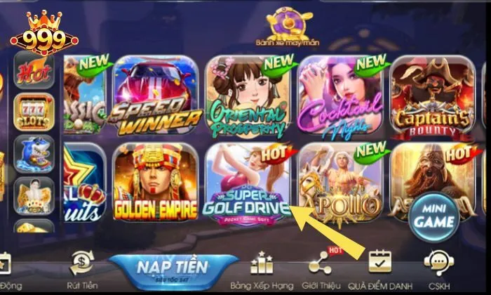 Tìm kiếm "Super Golf Drive" tại mục Slot Game của trang chủ 999BET