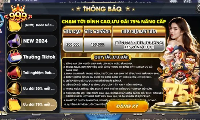 ưu đãi 75% mỗi ngày 999bet Người chơi có thể dễ dàng cập nhật thông tin ưu đãi ngay tại trang chủ nhà cái 999bet