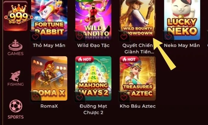 Tại màn hình chính của 999bet, chọn “Slot” rồi tìm kiếm “Wild Bounty Showdown”